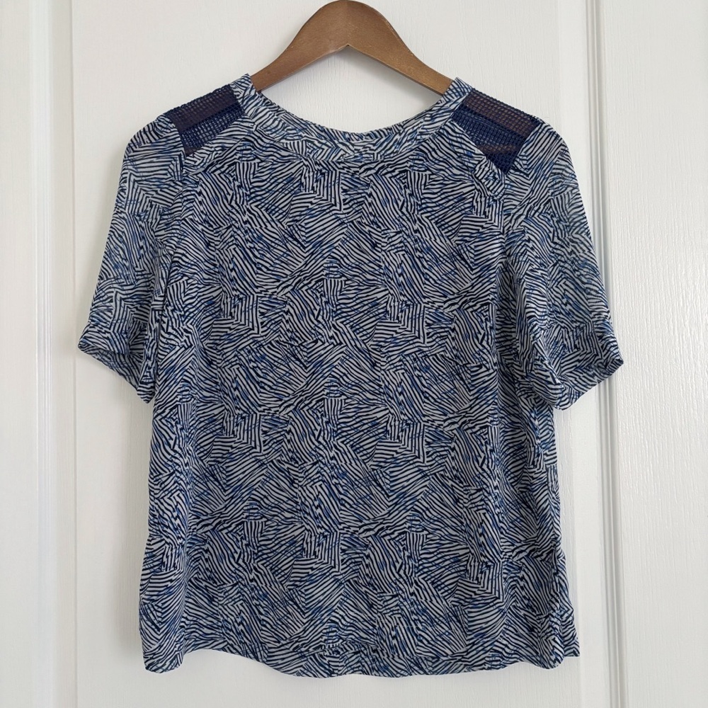 Suncoo Paris Blue Mesh Panel Blouse Sz T1 Small Summer Workwear